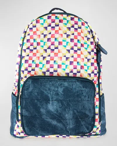 Bari Lynn Kid's Denim And Rainbow Check Backpack In Blue