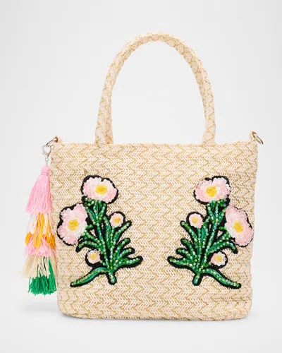 Bari Lynn Kid's Floral Embroidered Raffia Tote Bag With Tassel In Multi