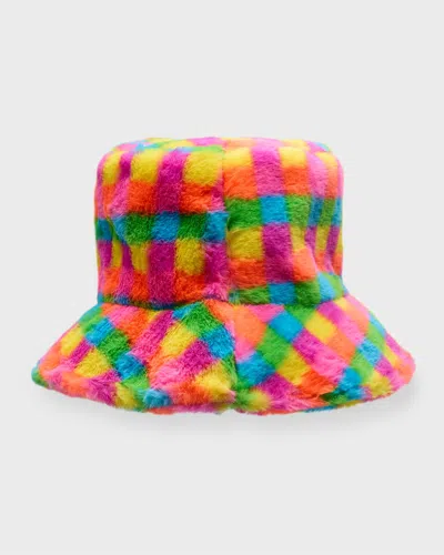 Bari Lynn Kid's Rainbow Check-print Faux Fur Bucket Hat In Multi