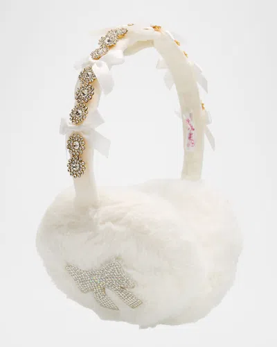 Bari Lynn Kids' Satin Bow And Crystal Faux Fur Earmuffs In White
