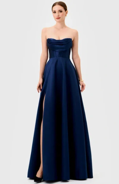Bariano Ameira Strapless Cowl Gown In Blue