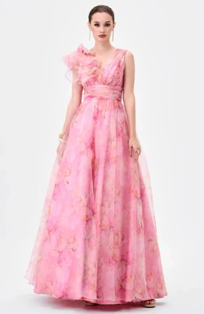 Bariano Cressida Ruffle Shoulder Gown In Floral Multi