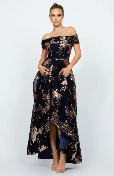 Bariano Jessie Off Shoulder Mesh Ball Gown In Black