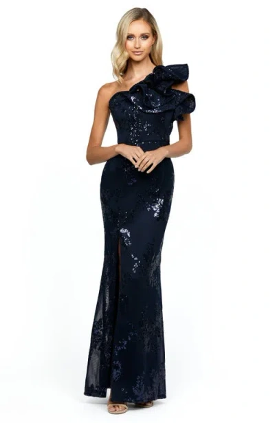 Bariano Jessie One Shoulder Gown In Gray