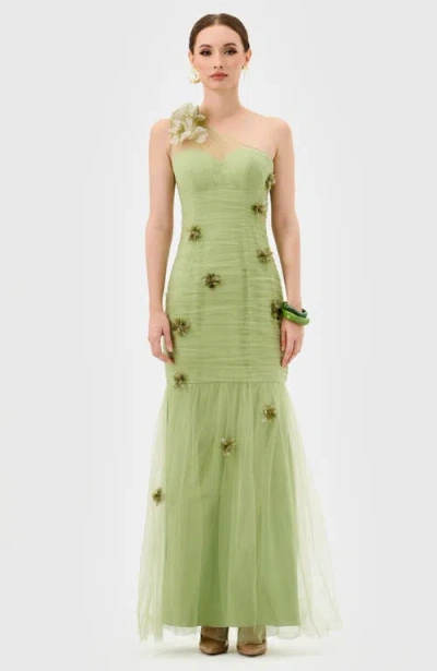 Bariano Karoline One Shoulder Tulle Gown In Green