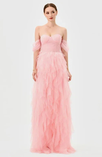 Bariano Lili Off Shoulder Ruffle Gown In Pink