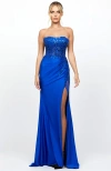 Bariano Madeleine Strapless High Split Gown In Blue