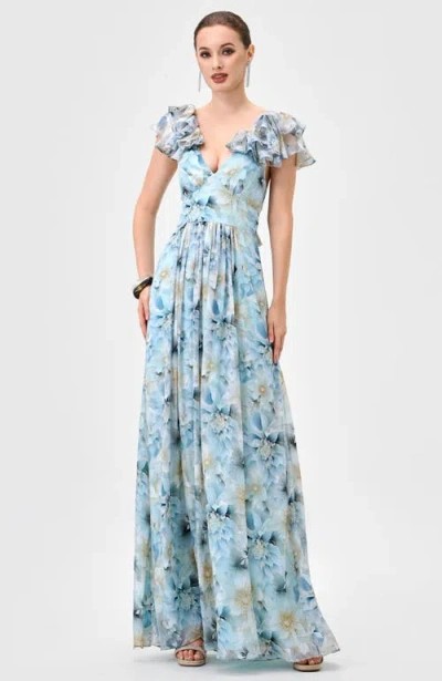 Bariano Markova Frill Shoulder Maxi In Blue/silver Print