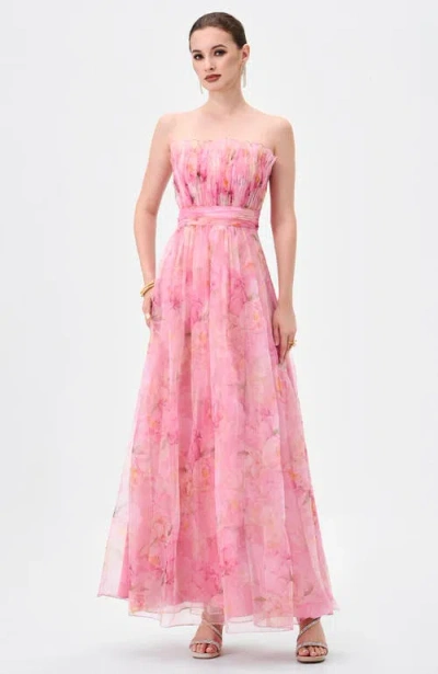 Bariano Meira Strapless Frill Gown In Floral Multi