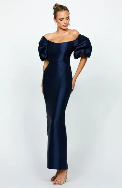 Bariano Meredith Puff Sleeves Scooped Gown In Blue