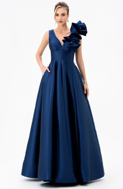 Bariano Mirella V Neck Ruffle Gown In Blue