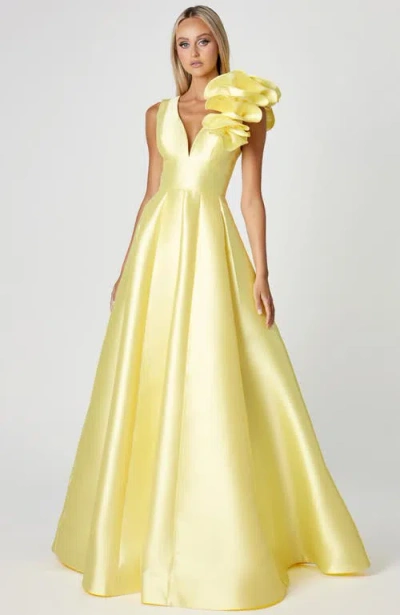 Bariano Mirella V Neck Ruffle Gown In Yellow