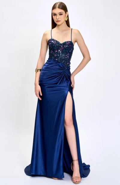 Bariano Nahdia Beaded Sequin Gown In Blue
