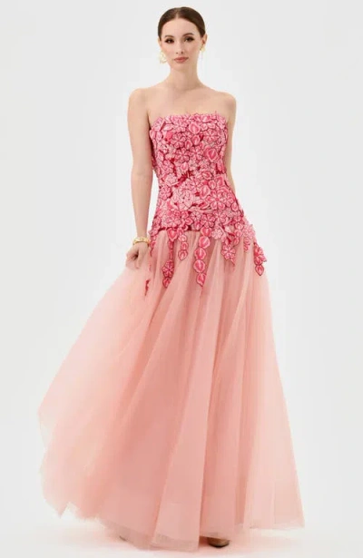 Bariano Poppi Strapless Floral Gown In Pink