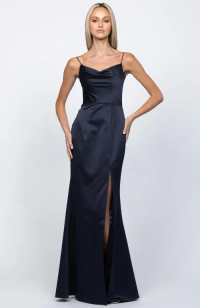 Bariano Stephanie Cowl Draped Satin Gown In Blue