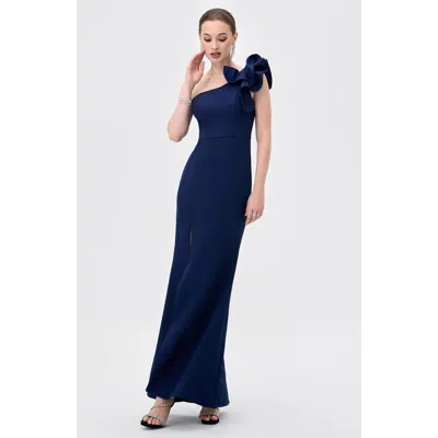 Bariano Sue Frill Shoulder Gown In Blue