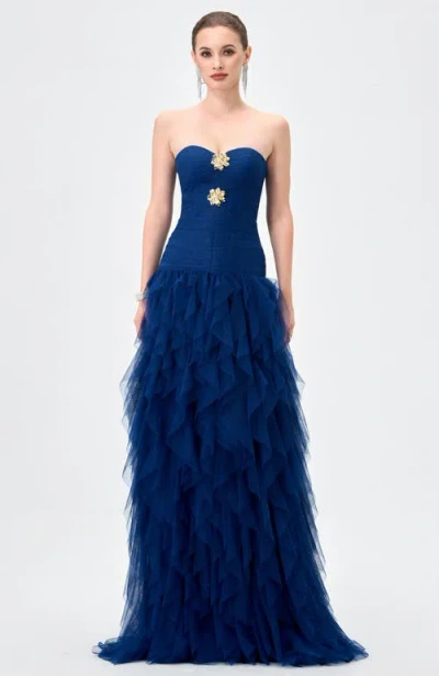 Bariano Ziana Strapless Ruffle Ball Gown In Navy