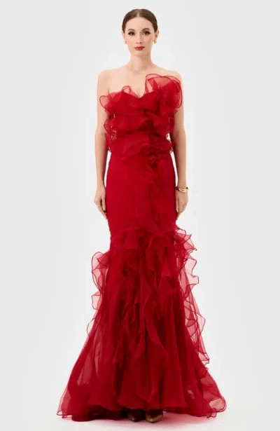Bariano Zita Strapless Ruffle Gown In Red