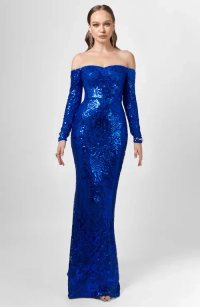 Bariano Zoya Long Sleeve Sequin Gown In Blue