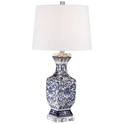 Barnes And Ivy 28" Floral Iris Blue And White Porcelain Table Lamp