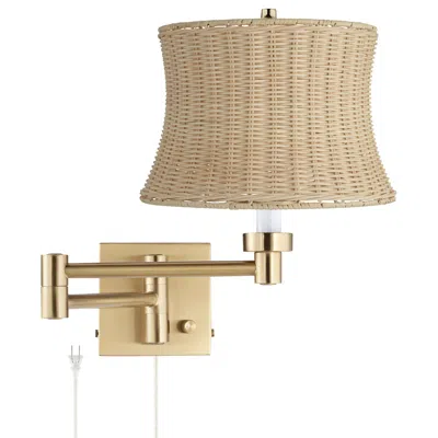 Barnes And Ivy Alta Gold Plug-in Swing Arm Wall Lamp With Rattan Shade