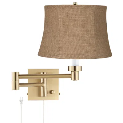Barnes And Ivy Alta Warm Gold Plug-in Swing Arm Wall Lamp With Burlap Drum Shade