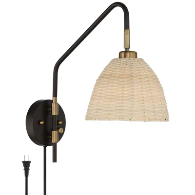 Barnes And Ivy Vega Bronze And Brass Rattan Shade Plug-in Wall Lamp
