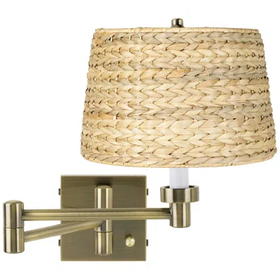 Barnes And Ivy Woven Seagrass Antique Brass Plug-in Swing Arm Wall Lamp