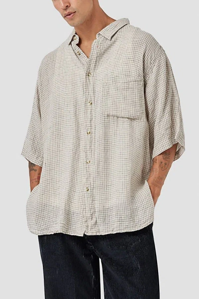 Barney Cools Linen Plaid Short Sleeve Shirt Top In Bone Micro Plaid, Men's At Urban Outfitters