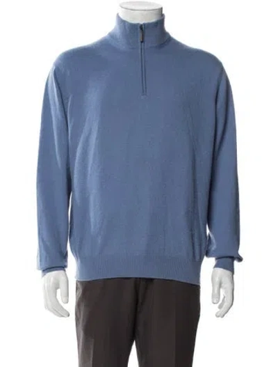 Pre-owned Barneys New York Cashmere Mock Neck Polo Sweater In Blue