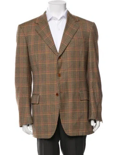 Pre-owned Barneys New York Cashmere Plaid Print Blazer In Brown