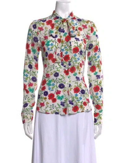 Pre-owned Barneys New York Floral Print Tie Neck Blouse In Neutrals