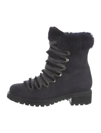 Pre-owned Barneys New York Suede Faux Fur Trim Combat Boots In Blue