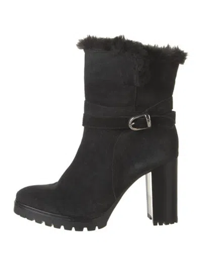 Pre-owned Barneys New York Suede Fur Trim Boots In Black
