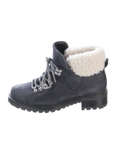 Pre-owned Barneys New York Suede Fur Trim Combat Boots In Blue