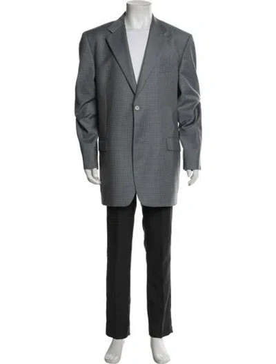 Pre-owned Barneys New York Virgin Wool Houndstooth Print Blazer In Blue