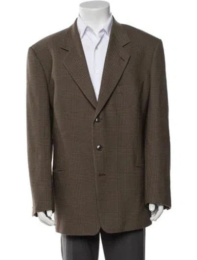 Pre-owned Barneys New York Virgin Wool Plaid Print Blazer In Brown