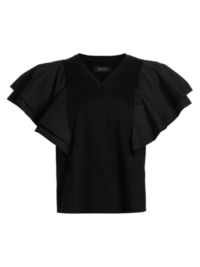 Barneys New York Women's Cotton Ruffled V-neck T-shirt In Black