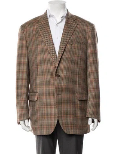 Pre-owned Barneys New York Wool Plaid Print Blazer In Brown