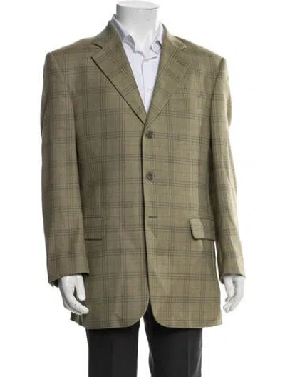 Pre-owned Barneys New York Wool Plaid Print Blazer In Green