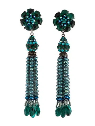 Pre-owned Barrera Crystal & Bead Tassel Drop Clip-on Earrings In Multi