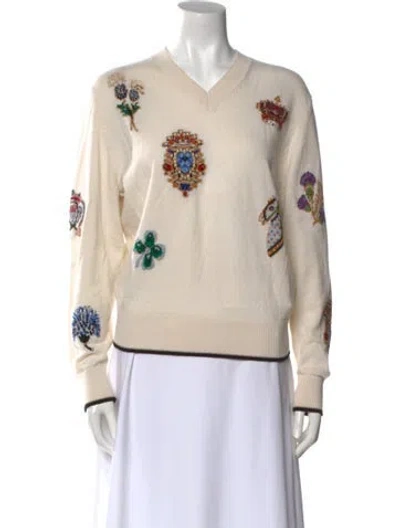Pre-owned Barrie Cashmere Floral Print Sweater In White
