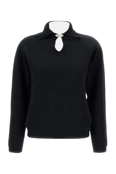 Barrie Fitted High-neck Wool Top With Rhinestone Brooch Detail In Multi