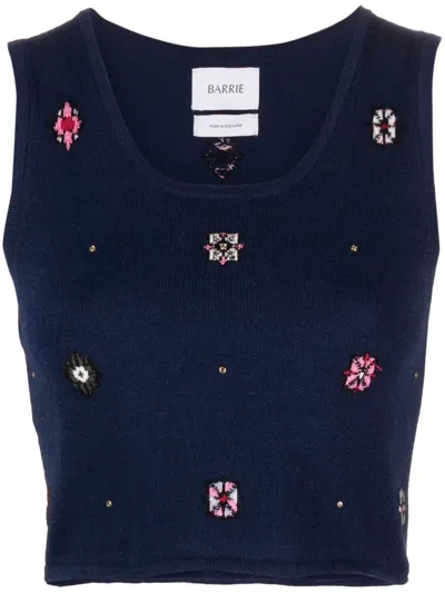 Barrie Floral-motif Cropped Knitted Top In Blue