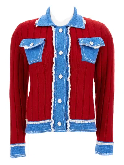 BARRIE RIBBED-KNIT DENIM-TRIMMED JACKET