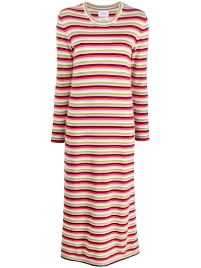 Barrie Striped Round-neck Cashmere Midi Dress In Red