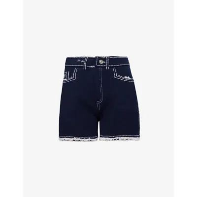Barrie Womens Nero Navy Fringe-hem Knitted Cashmere And Cotton-blend Shorts In Blue