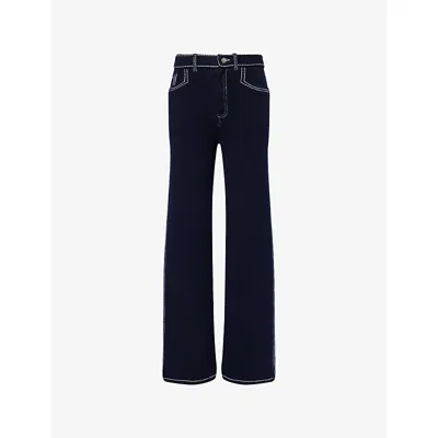 Barrie Womens Contrast-stitching Knitted Straight-leg Mid-rise Cashmere And Cotton-blend Trousers Navy In Blue
