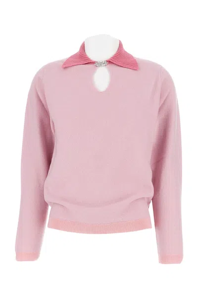 Barrie Wool Top With Rhinestone Brooch And Keyhole Neckline In Pink