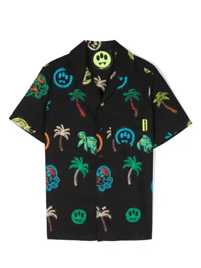 Barrow Kids' Palm Tree-print Bowling Shirt In Black